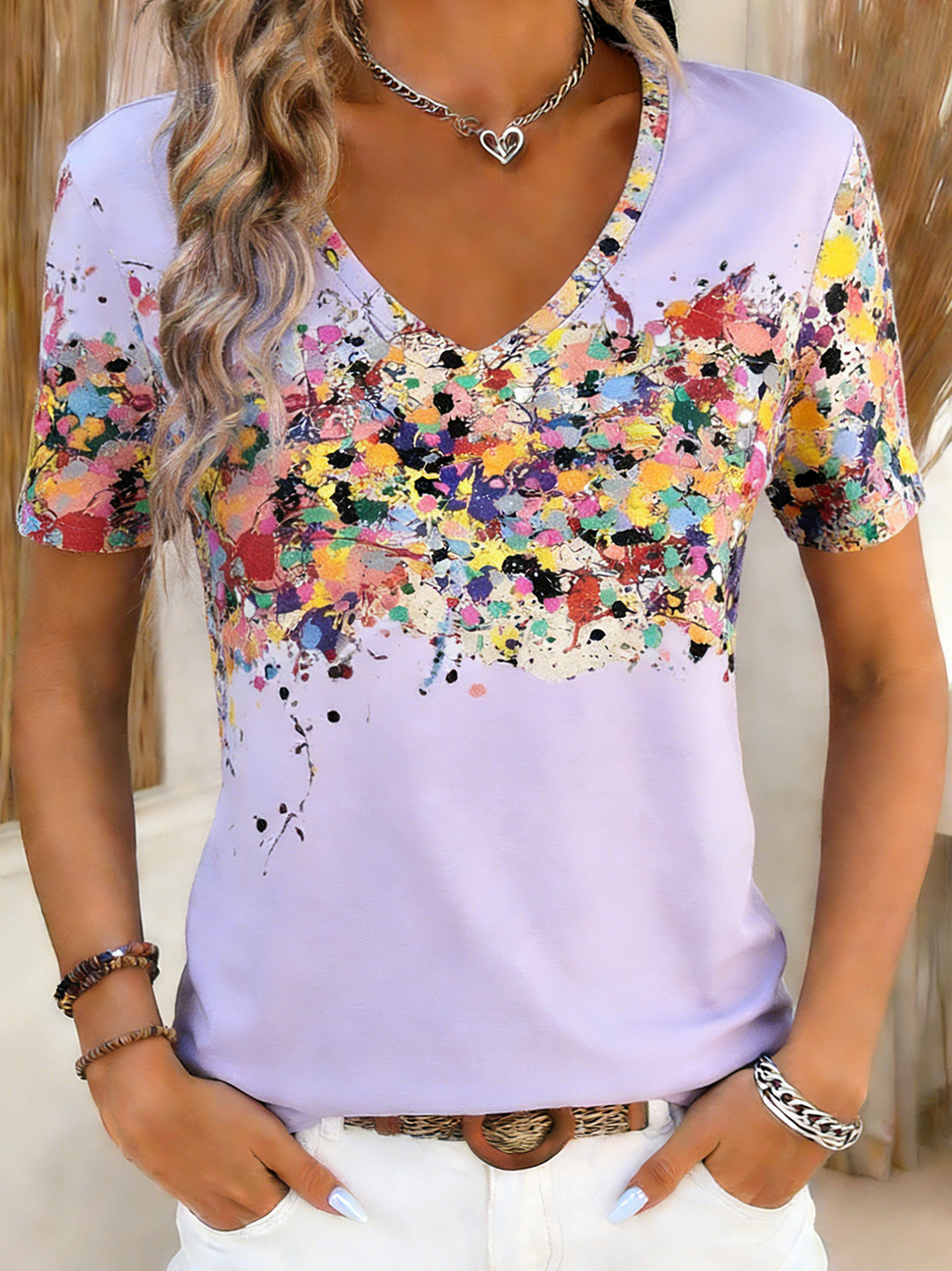 Gradient Pattern V Neck Casual Jersey T-Shirt