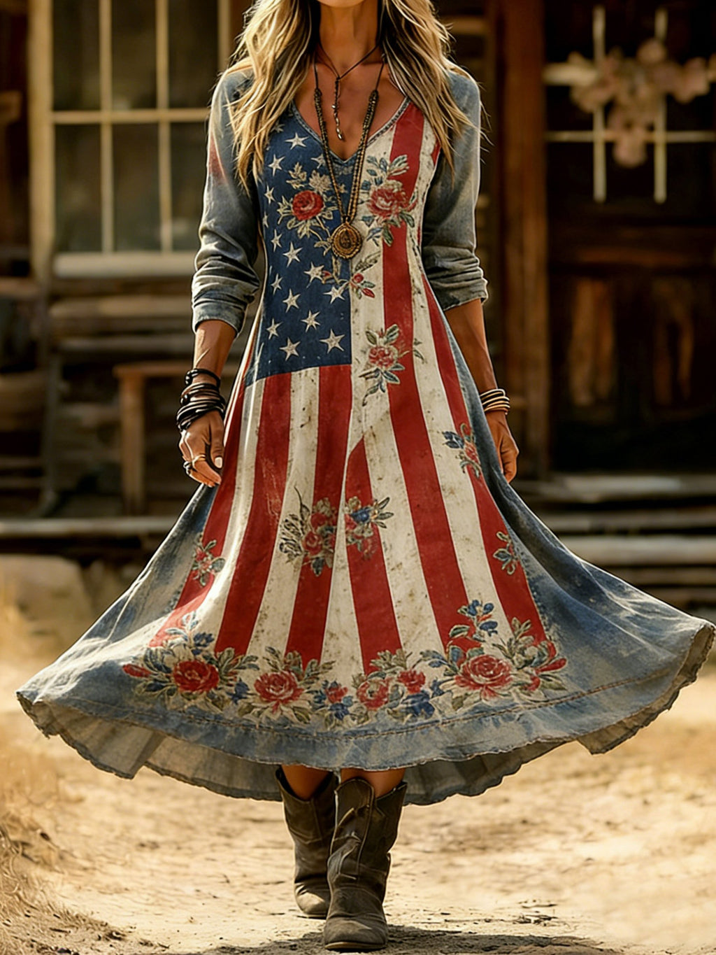 Women America Flag Spring Summer Dress V Neck A-Line Boho Maxi Dress