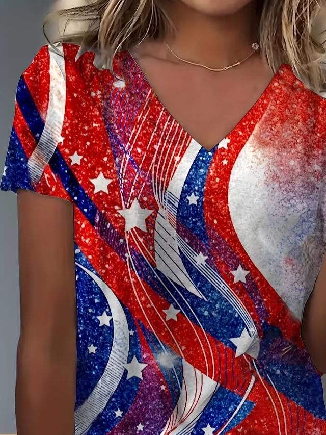 Women's Short Sleeve T-shirt Summer As Picture Star Printing V Neck Holiday Going Out Vintage Top