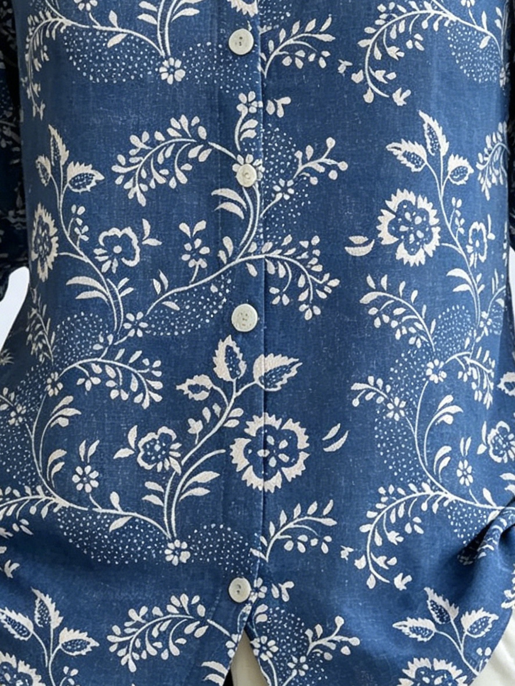 3D Printing Denim Blue Floral Printed Linen Blend Shawl Collar Button Loose Casual Shirt