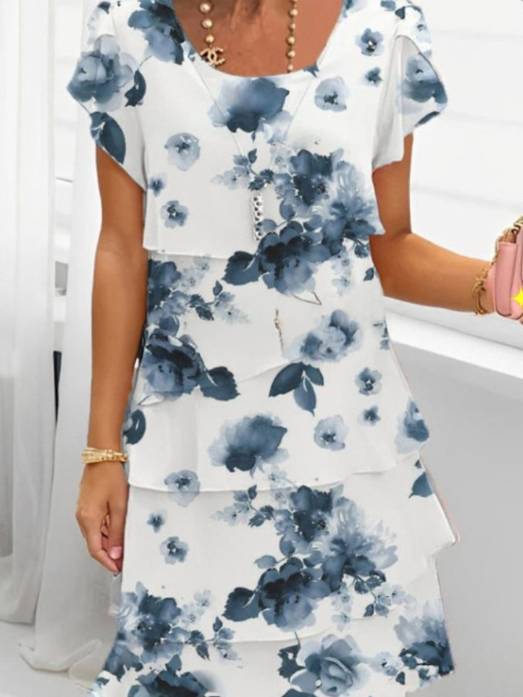 Floral Print Casual Crew Neck Short Sleeve Spring/Summer Chiffon Dress
