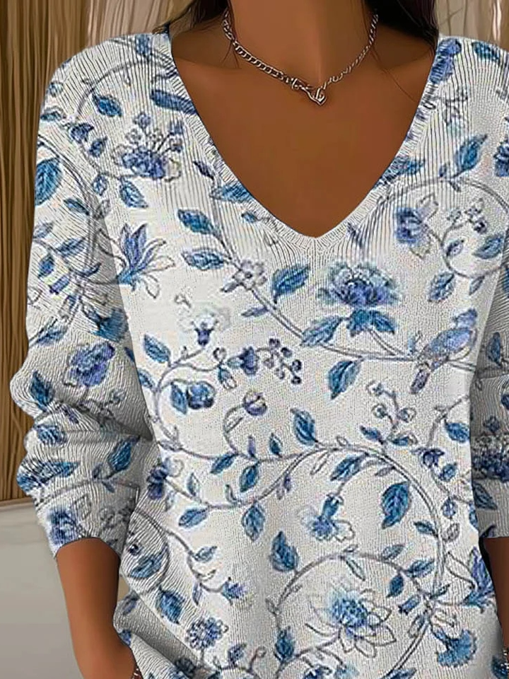 Loose Floral V Neck Vintage T-Shirt