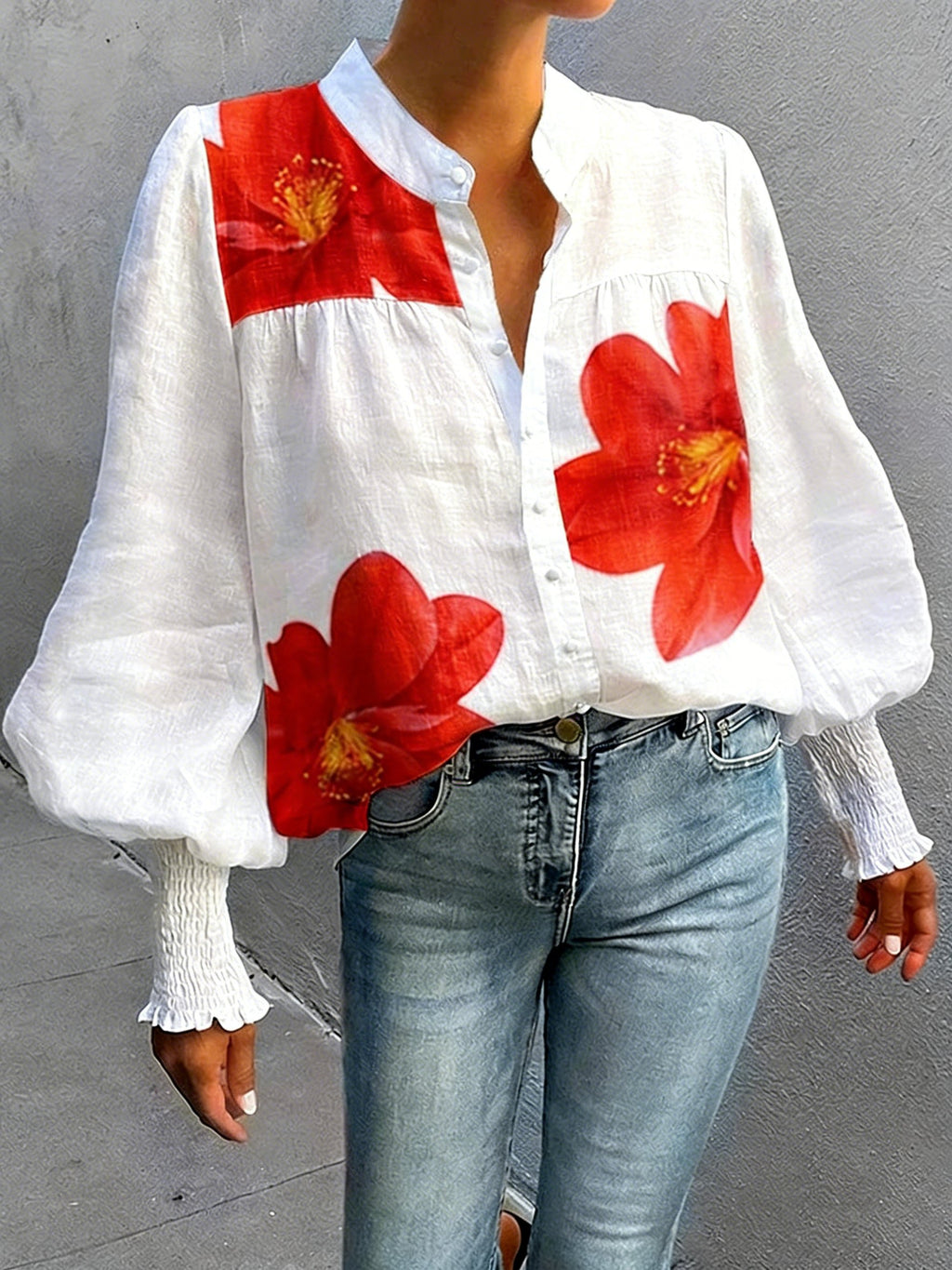 3D Printing Big Scale Flower Printing Long Sleeve Smock Cuff Stand Collar Loose Going Out Casual Shirt