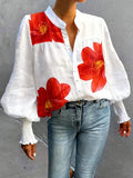3D Printing Big Scale Flower Printing Long Sleeve Smock Cuff Stand Collar Loose Going Out Casual Shirt