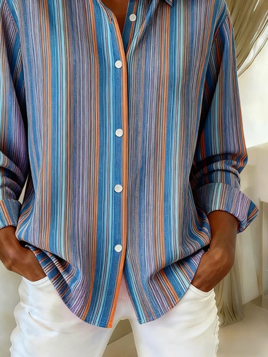 Women's Long Sleeve Shirt Spring/Fall Blue Striped Buckle Shirt Collar Regular Sleeve Daily Going Out Casual Top