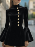 Elegant Stand Collar Form-Fitting Plian Stand Collar Flared Sleeve Suit Dress