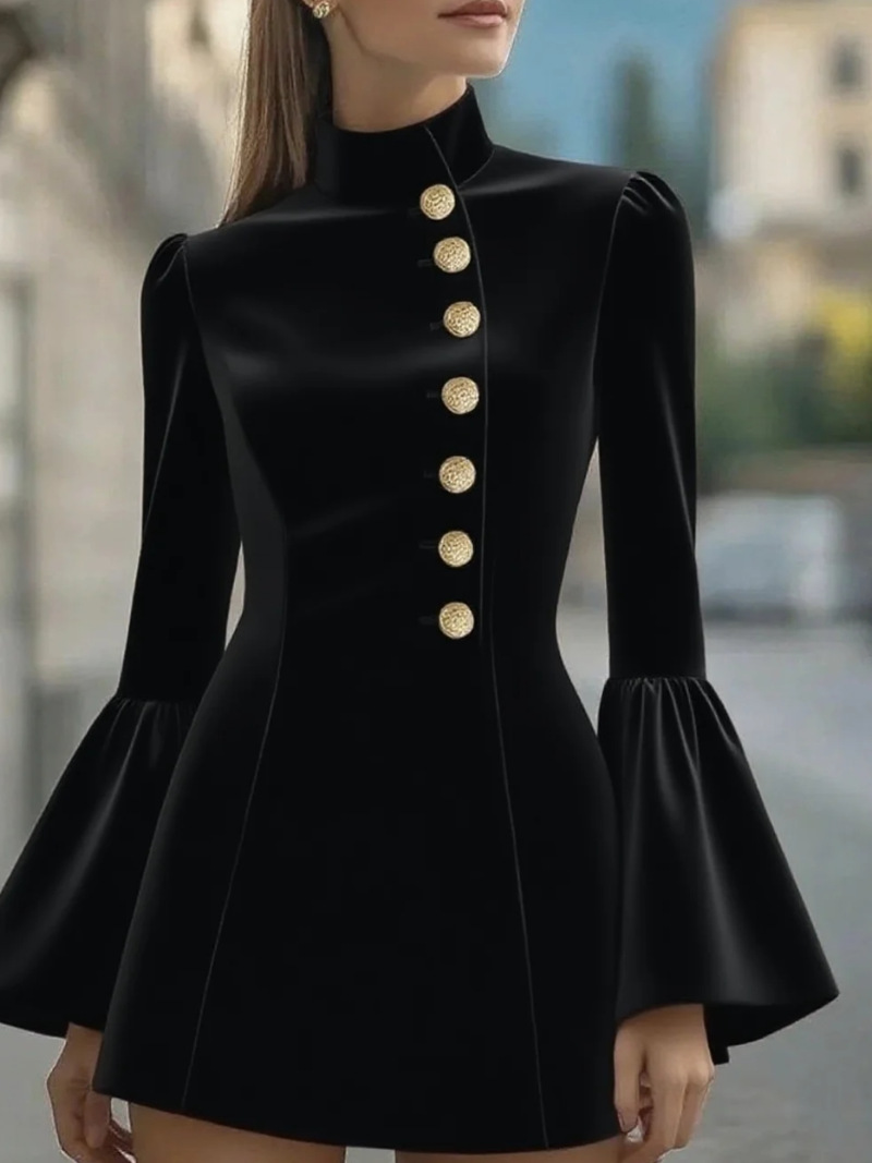 Elegant Stand Collar Form-Fitting Plian Stand Collar Flared Sleeve Suit Dress
