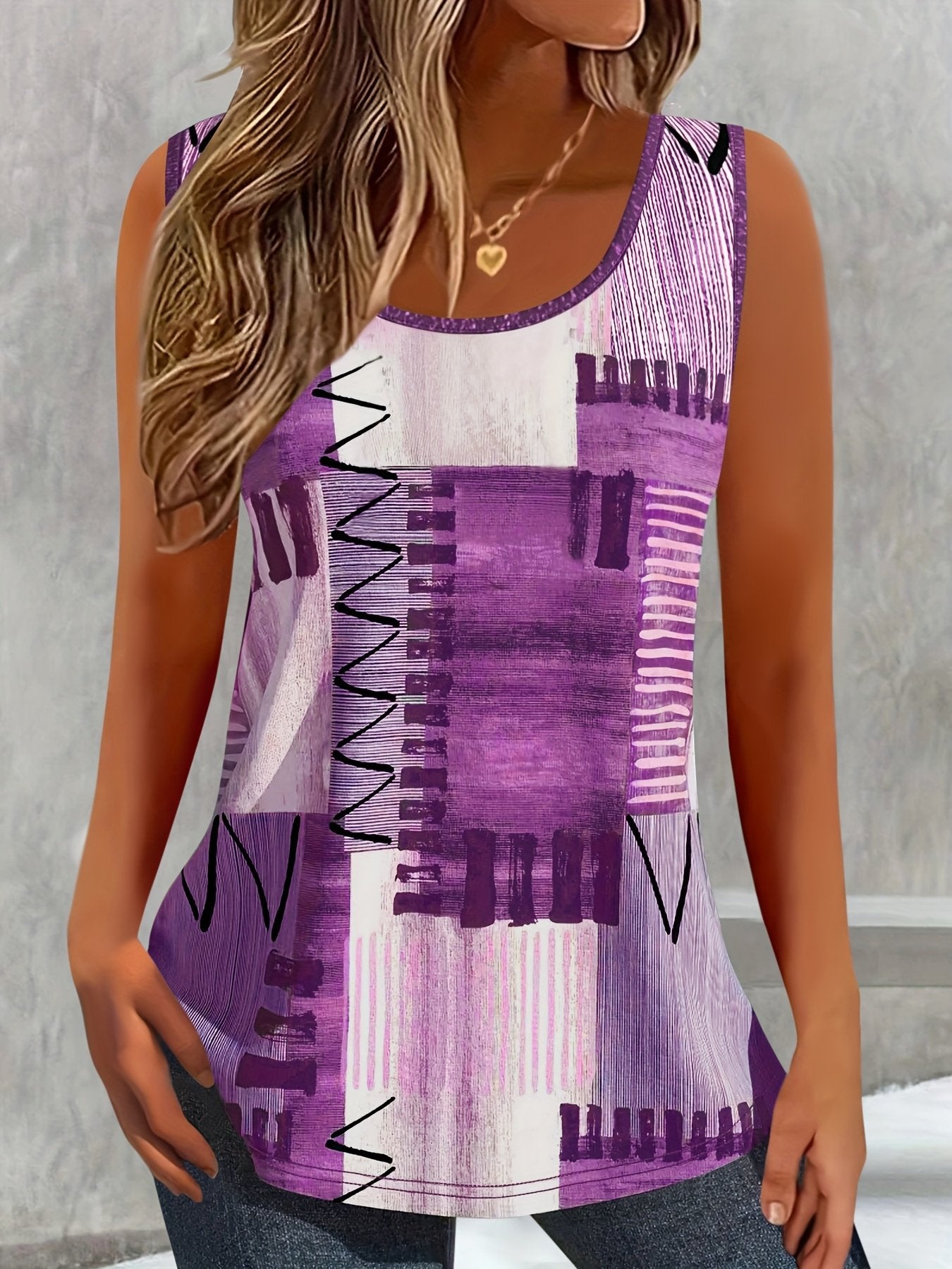 Loose Elegant Plaid Crew Neck Tank Top