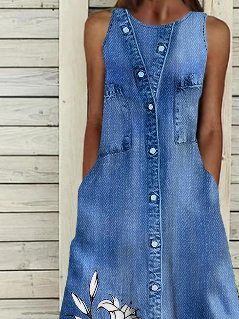 Loose Vintage Faux Denim Print Graphic Others Dress With No