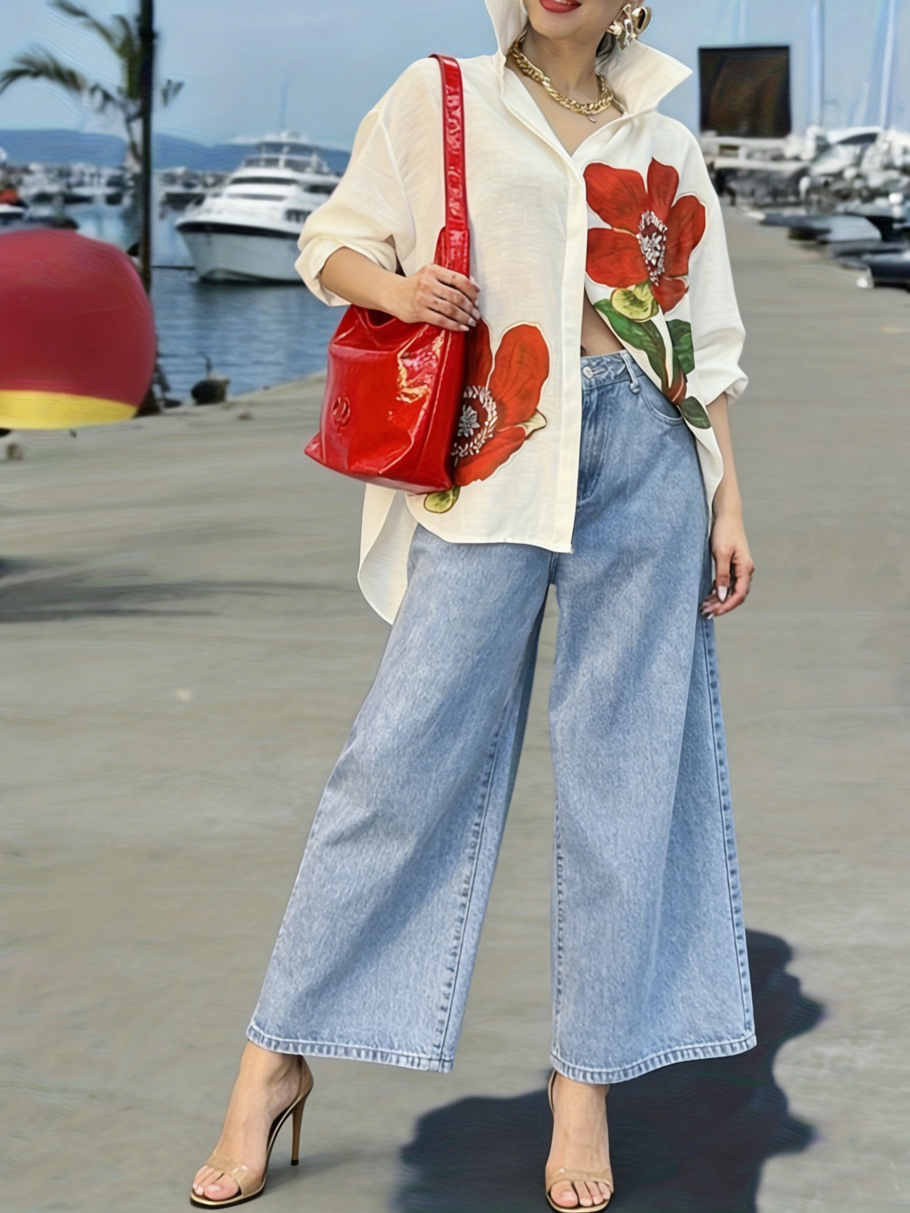 Big Scale Flower Printing Urban Shawl Collar Loose 3D Printing Casual Shirt
