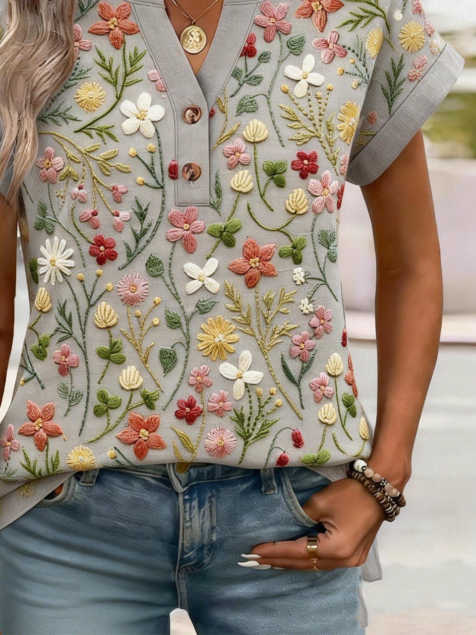 Cotton Elegant Loose Embroidery Patterns T-Shirt