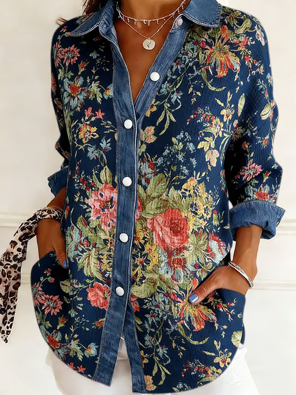 Women's Vintage Floral-Print Denim Casual Shirt