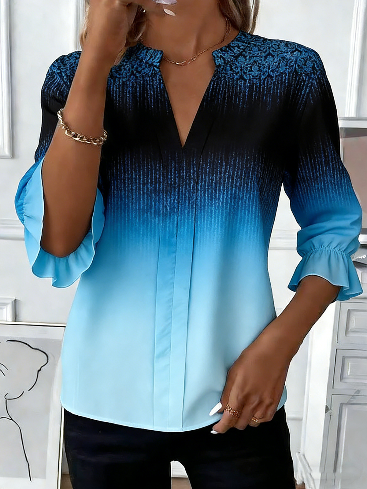 Gradient Pattern Regular Fit Elegant V Neck Shirt