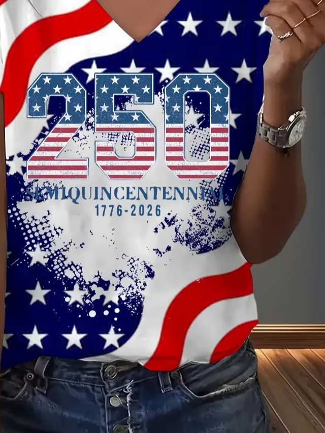 Women's Short Sleeve T-shirt Summer As Picture America Flag Printing V Neck Holiday Going Out Vintage Top