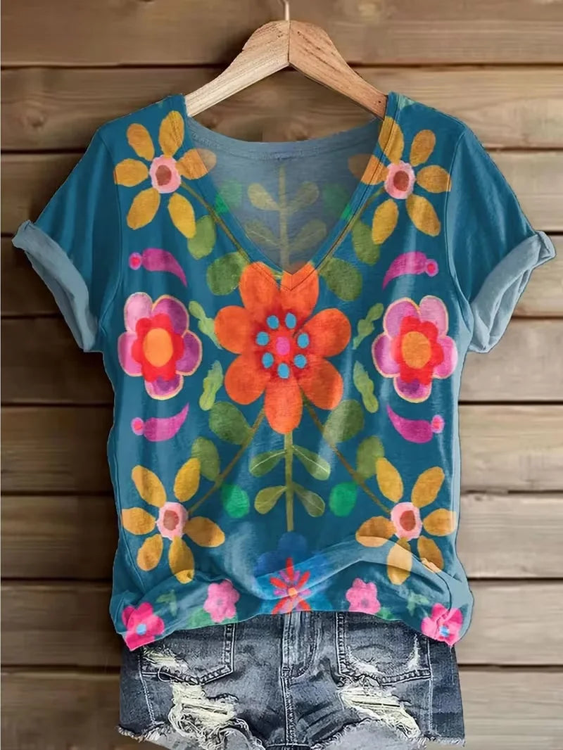 Women's Short Sleeve T-shirt Summer Blue Floral Printing V Neck Holiday Going Out Vintage Top