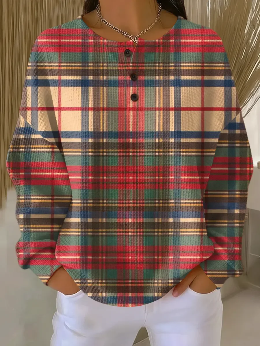 Women's Plaid Print Button-Up Casual Waffle Knit Sweatshirt