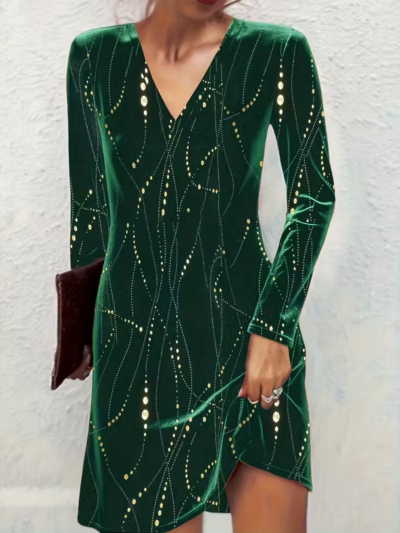 Women's abstract print V-neck long-sleeved dress
