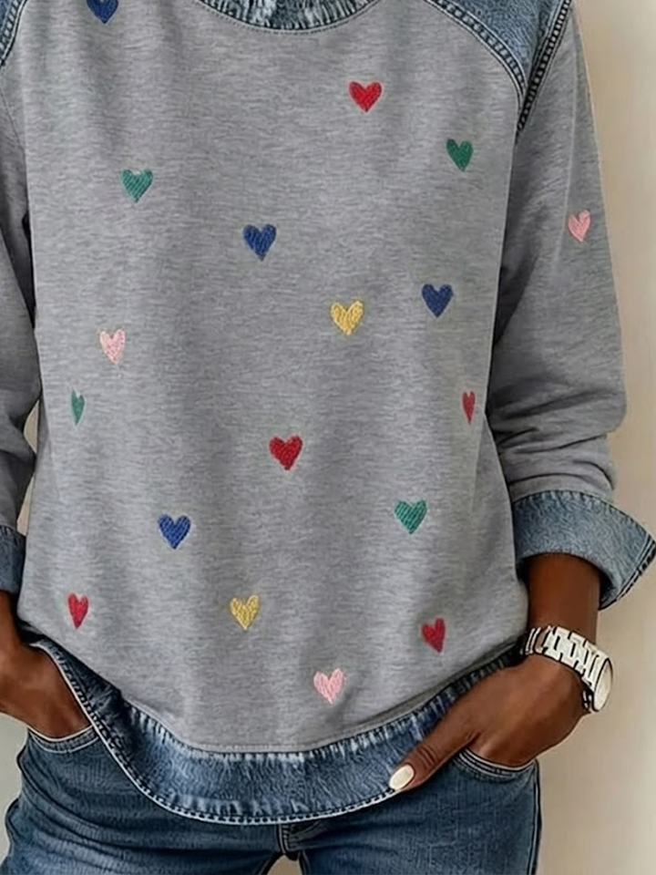 Women's Love Print Print Patchwork Denim Crewneck Long-Sleeved Sweatshirt
