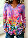 V Neck Floral Loose Simple Shirt