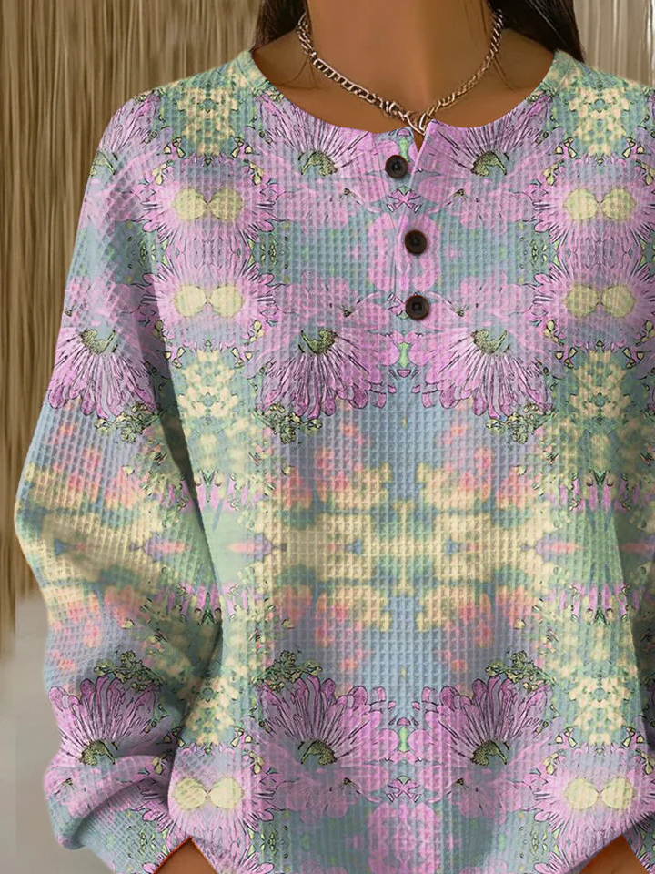 Women's Flowers Print Button-Up Casual Waffle Knit Sweatshirt