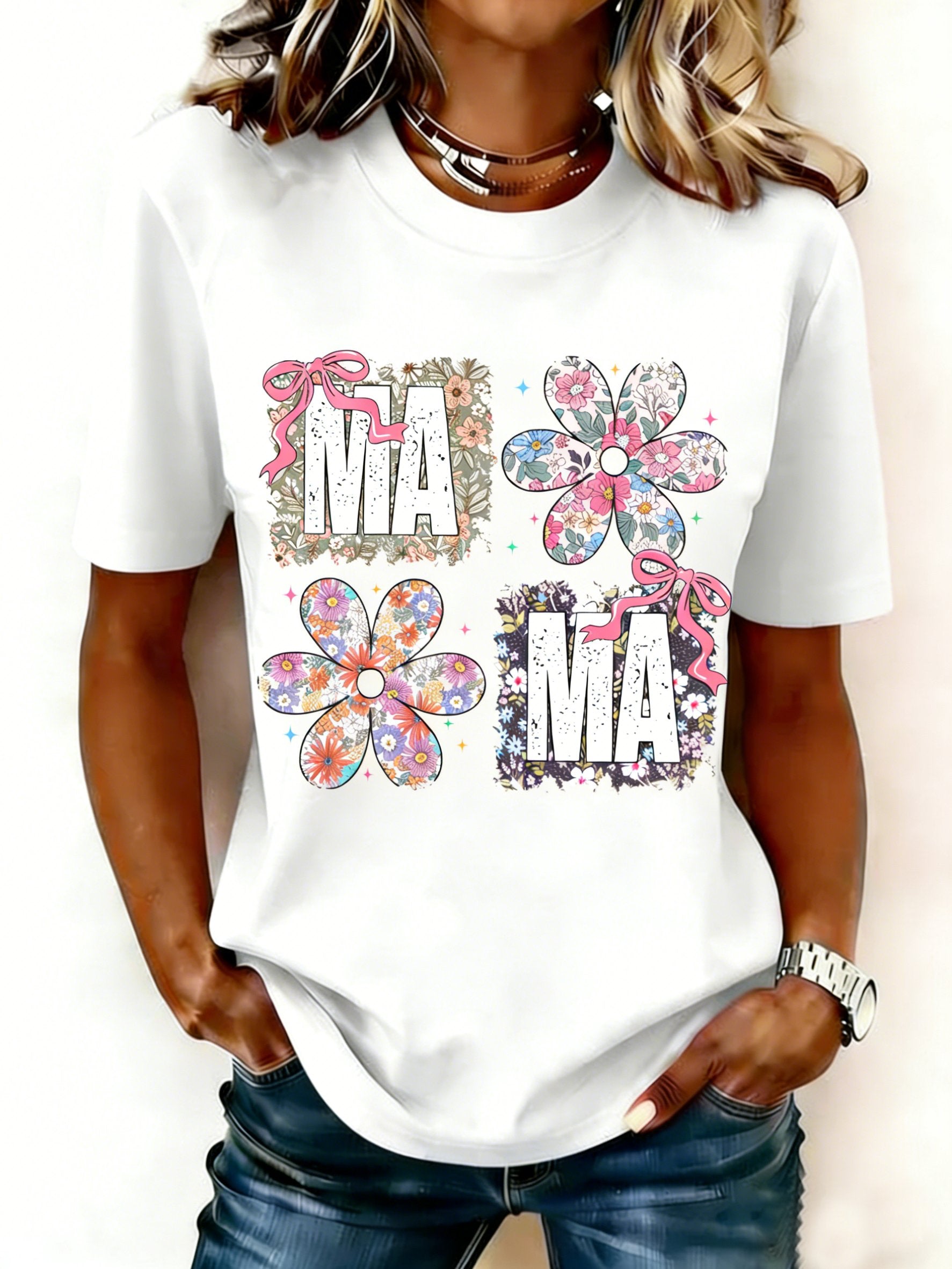 Mother's Day Letter Pattern Floral Short Sleeve Round Neck Loose Casual T-Shirt