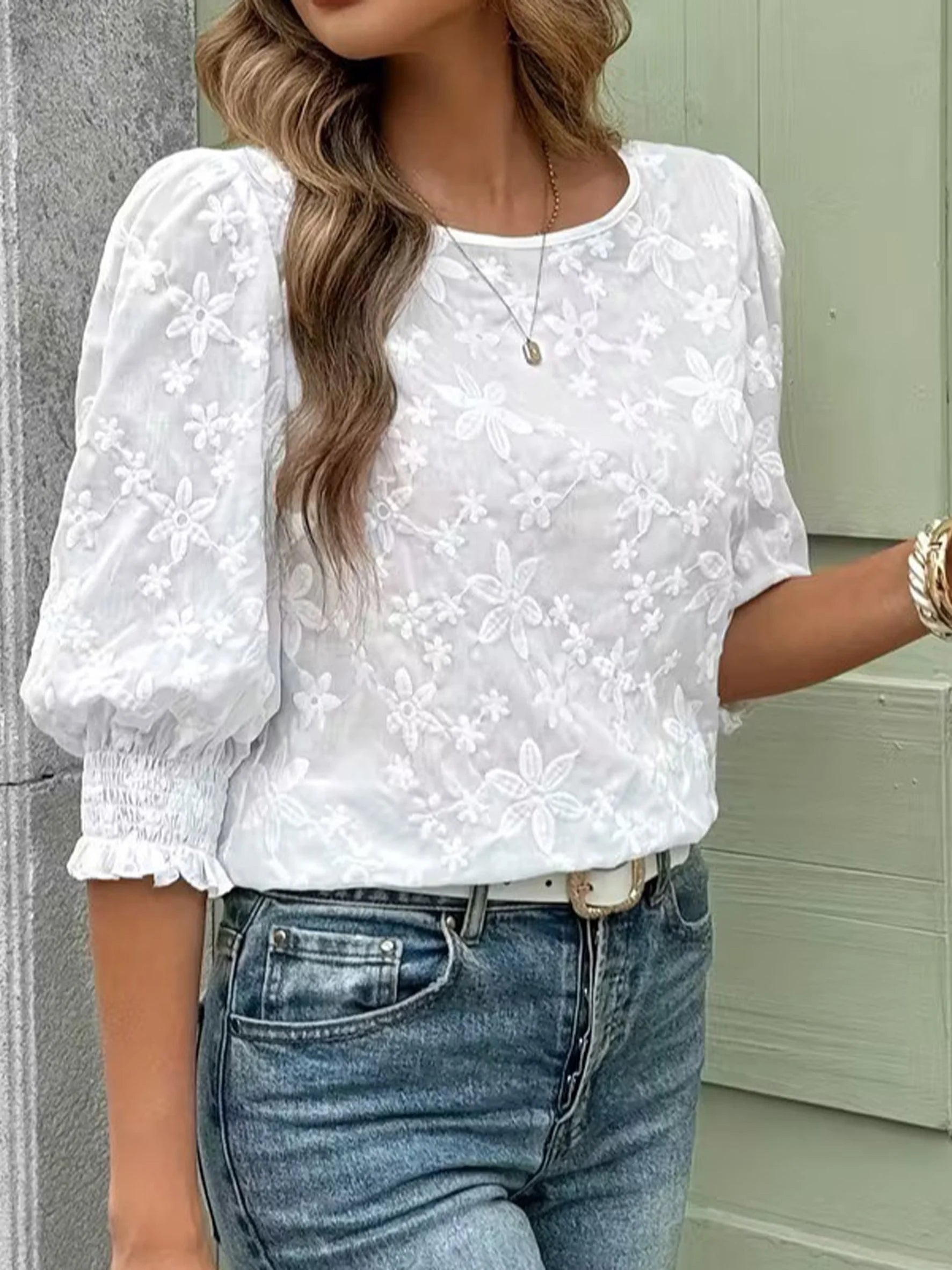 Embroidery Pattern Floral Round Neck The Quarter Sleeve Smock Cuff Casual Top