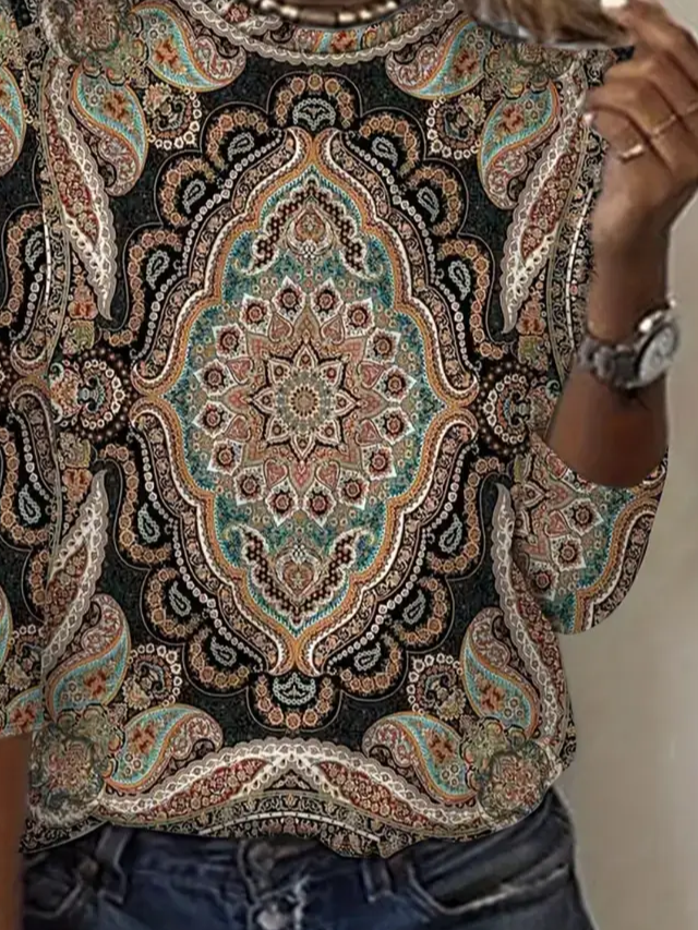 Women's Long Sleeve T-shirt Spring/Fall As Picture Ethnic Printing Jersey Crew Neck Daily Going Out Casual Top