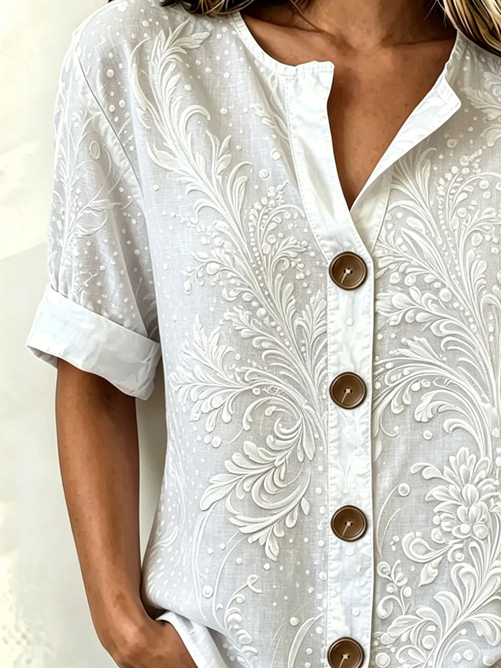 3D Printing Vintage Abstract Floral Stand Collar Botton Spring Summer Linen Blend Casual Shirt