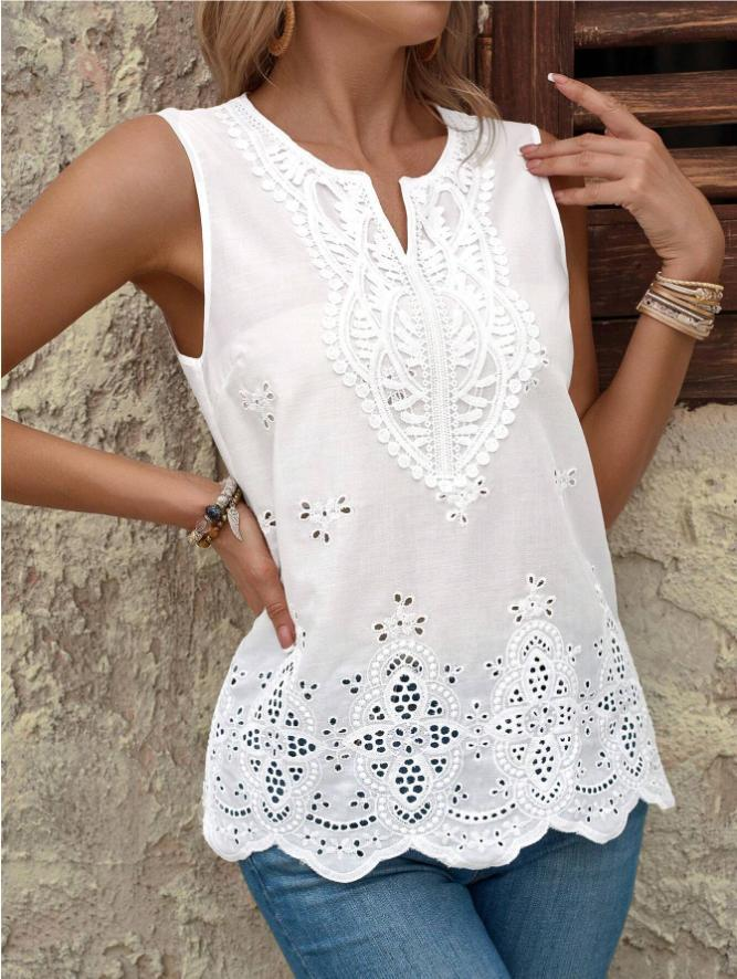 Women Embroidered Patchwork Lace Trim V-neck sleeveless Summer Going Out Casual Top