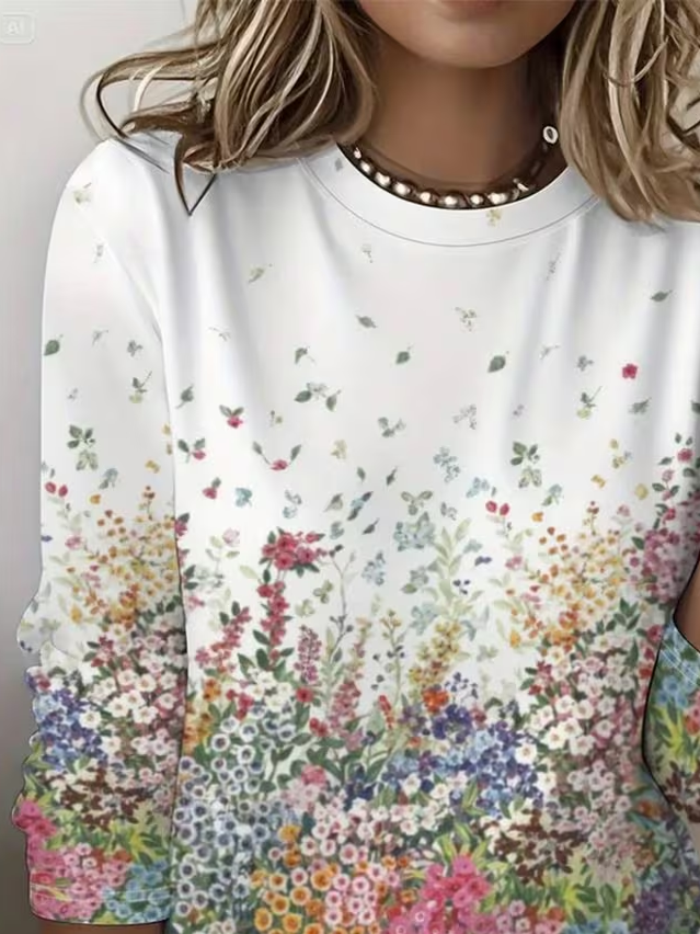 Women's Long Sleeve T-shirt Spring/Fall White Floral Printing Jersey Crew Neck Daily Going Out Casual Top