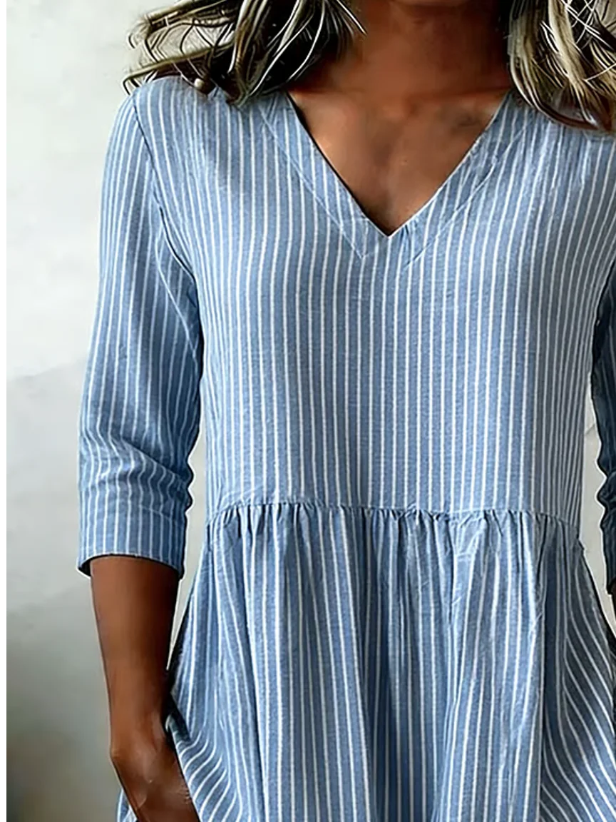 Women's V-Neck Striped Shirt with Pockets and Long Sleeves