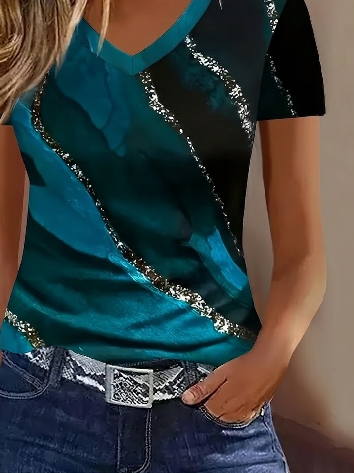 Women's Short Sleeve T-shirt Summer Blue Abstract Printing V Neck Holiday Going Out Vintage Top
