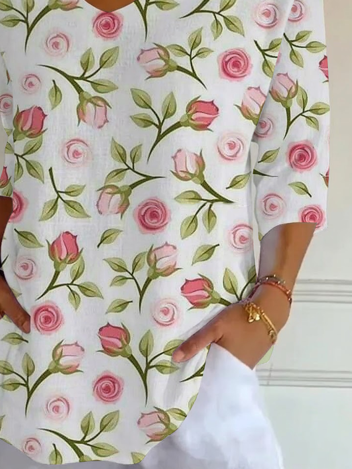 Women's Three Quarter Sleeve T-shirt Spring/Fall White Floral Printing V Neck Daily Going Out Casual Top