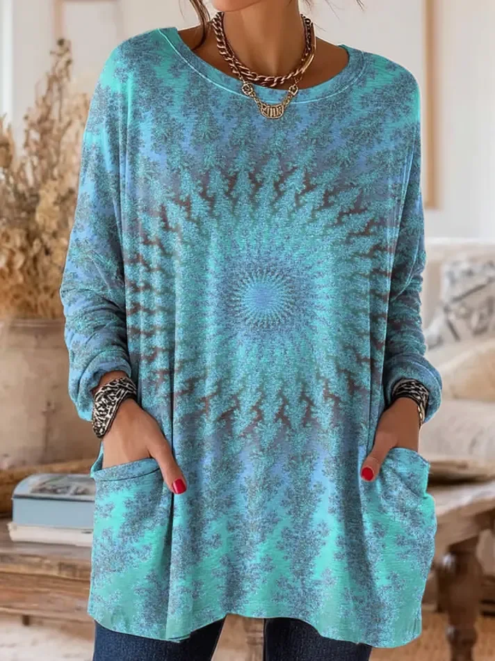 Women's Long Sleeve T-shirt Spring/Fall Blue Abstract Printing Crew Neck Daily Going Out Vintage Top