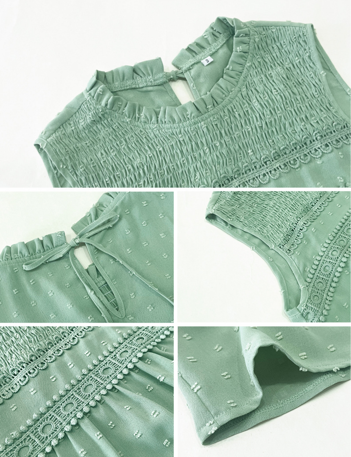 Dots Jaquard Look Crew Neck Ruffle Sleeveless Smock Detail Lace Block Going Out Casual Top