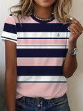 Women's Short Sleeve T-shirt Summer Pink Striped Printing Jersey Crew Neck Daily Going Out Casual Top