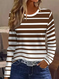 Women's Long Sleeve T-shirt Spring/Fall Brown Striped Printing Jersey Crew Neck Daily Going Out Casual Top
