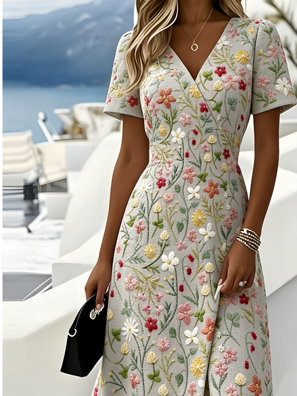 Regular Fit Casual V Neck Floral Dress With No