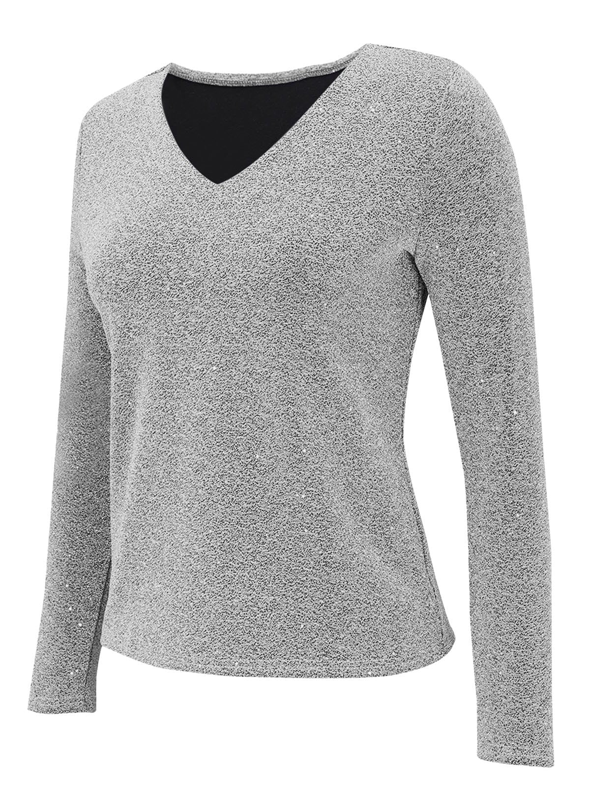 Women's Long Sleeve T-shirt Spring/Fall Silver Plain Split Joint Polyester Cotton V Neck Daily Going Out Casual Top