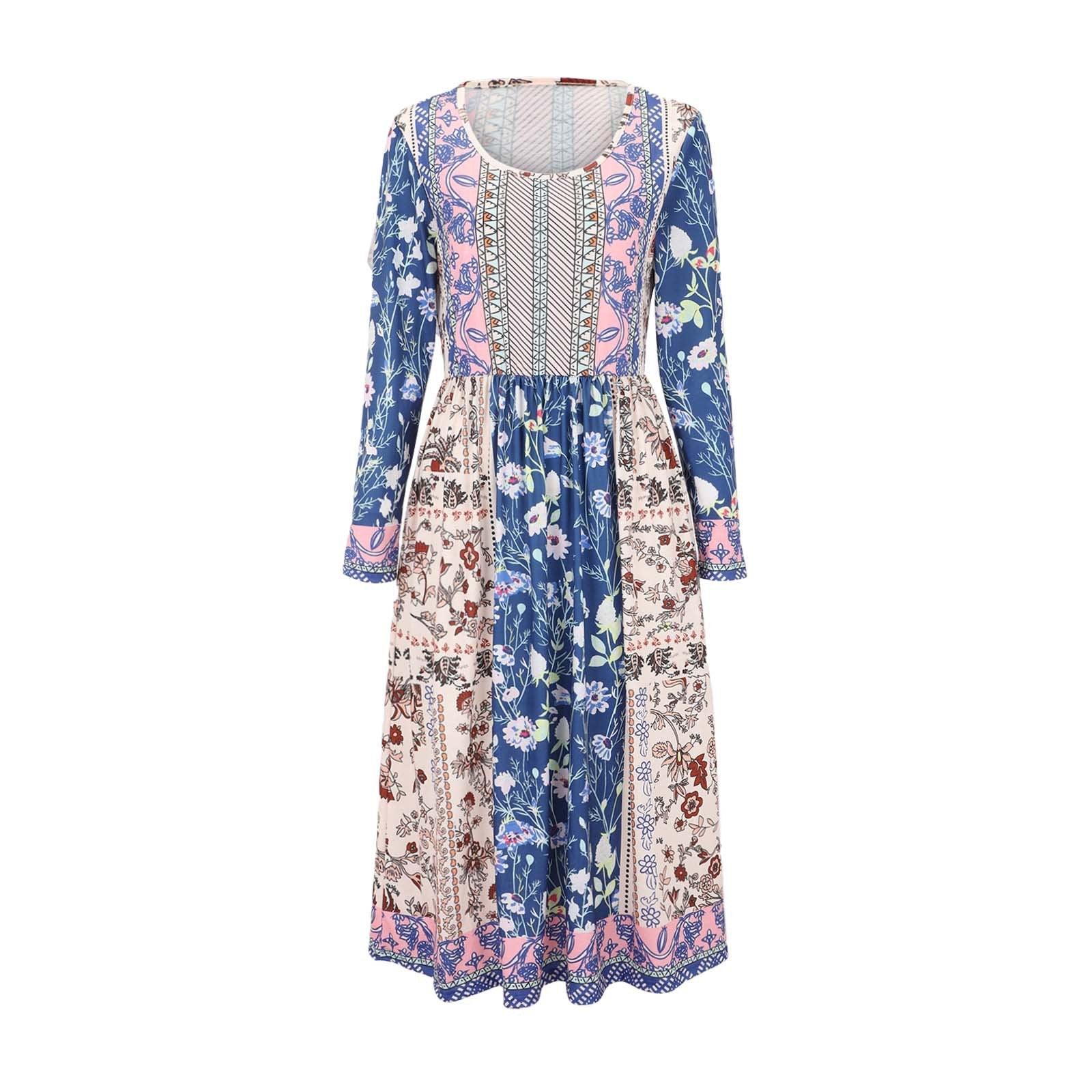 Floral Vintage Loose Crew Neck Dress With No