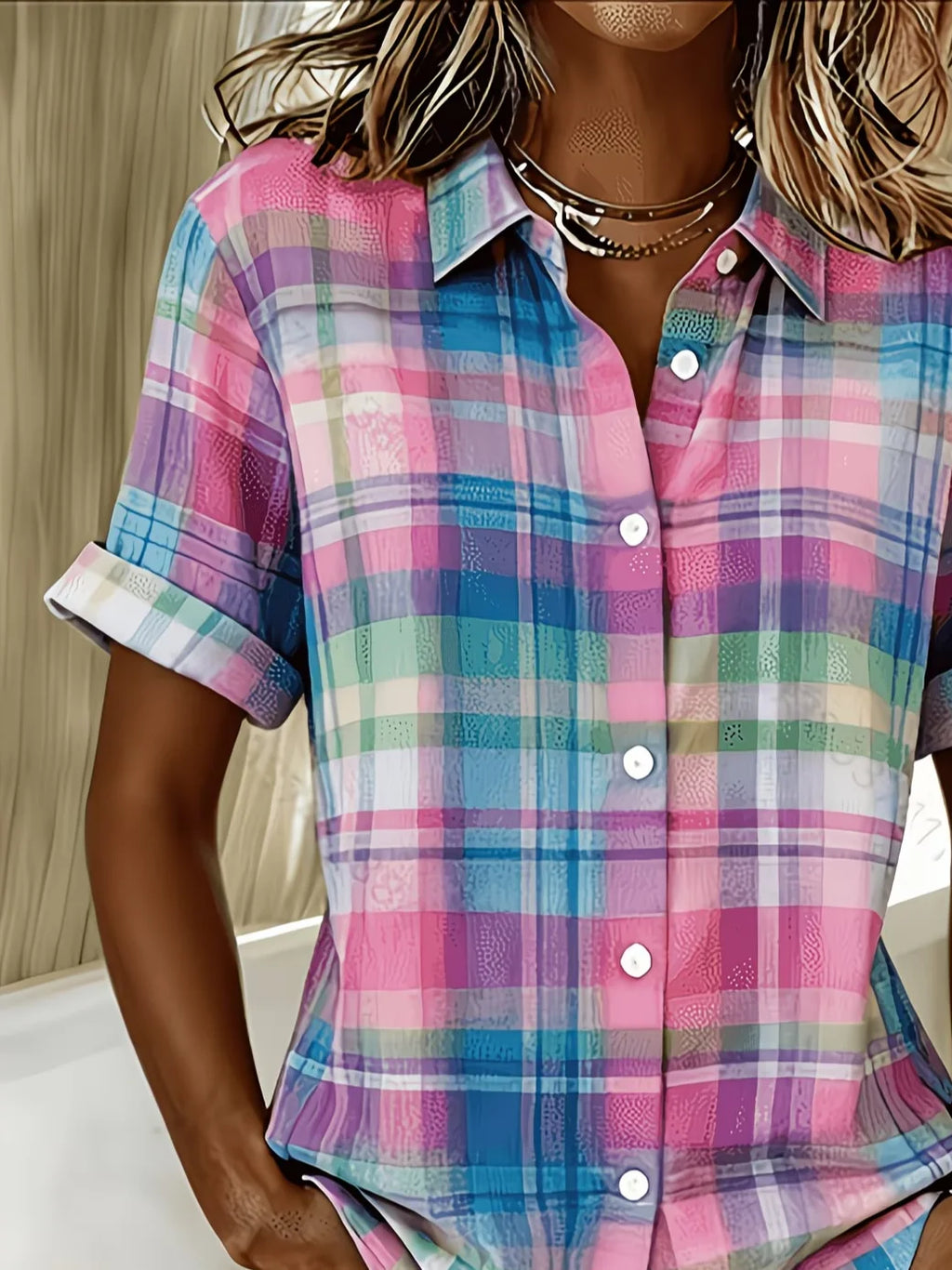 Women's Short Sleeve Shirt Summer As Picture Plaid Printing Shirt Collar Daily Going Out Casual Top
