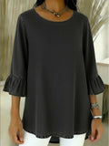 Denim Look/Denim Effect The Quarter Neck Crew Neck Ruffle Cuff Spring Summer Casual Top