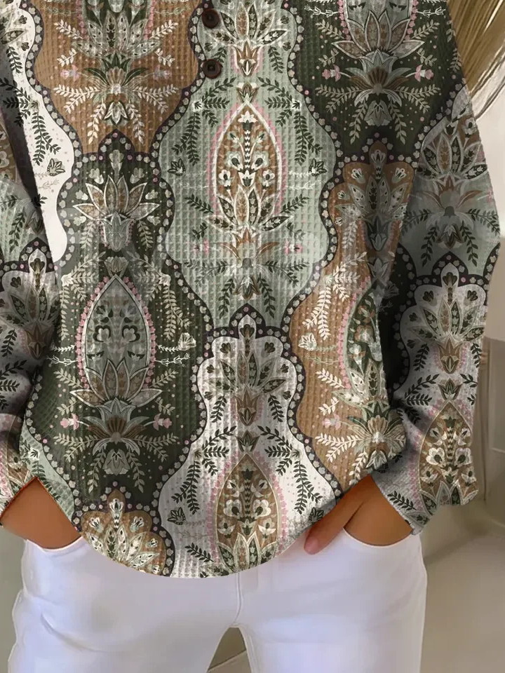 Women's Flowers Print Button-Up Casual Waffle Knit Sweatshirt