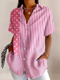 Women's Short Sleeve Shirt Summer Pink Striped Printing Shirt Collar Daily Going Out Casual Top