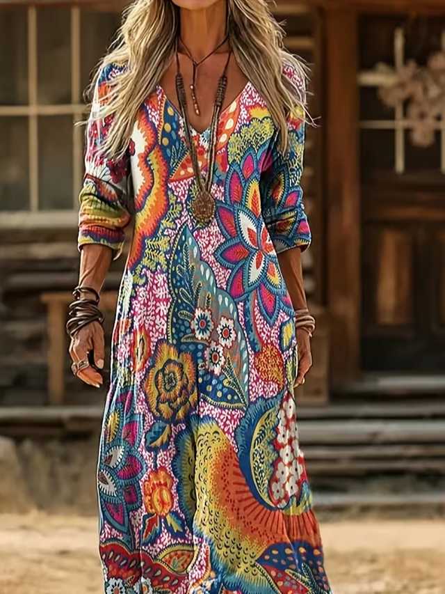 Women's Long Sleeve Spring/Fall As Picture Floral Printing V Neck Daily Going Out Vintage Maxi H-Line Dress