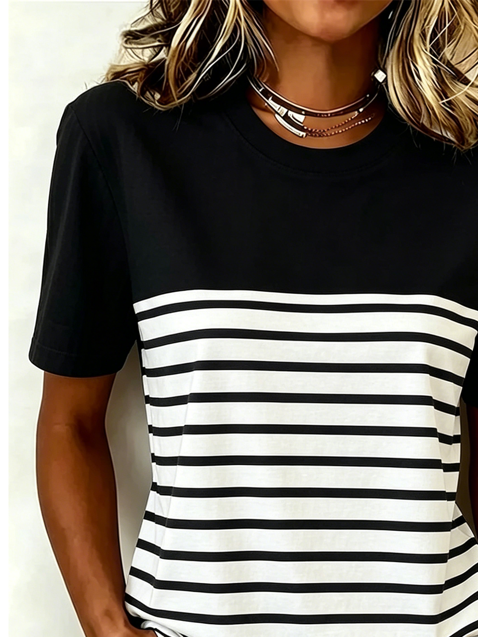 Crew Neck Striped Polyester Cotton Casual T-Shirt