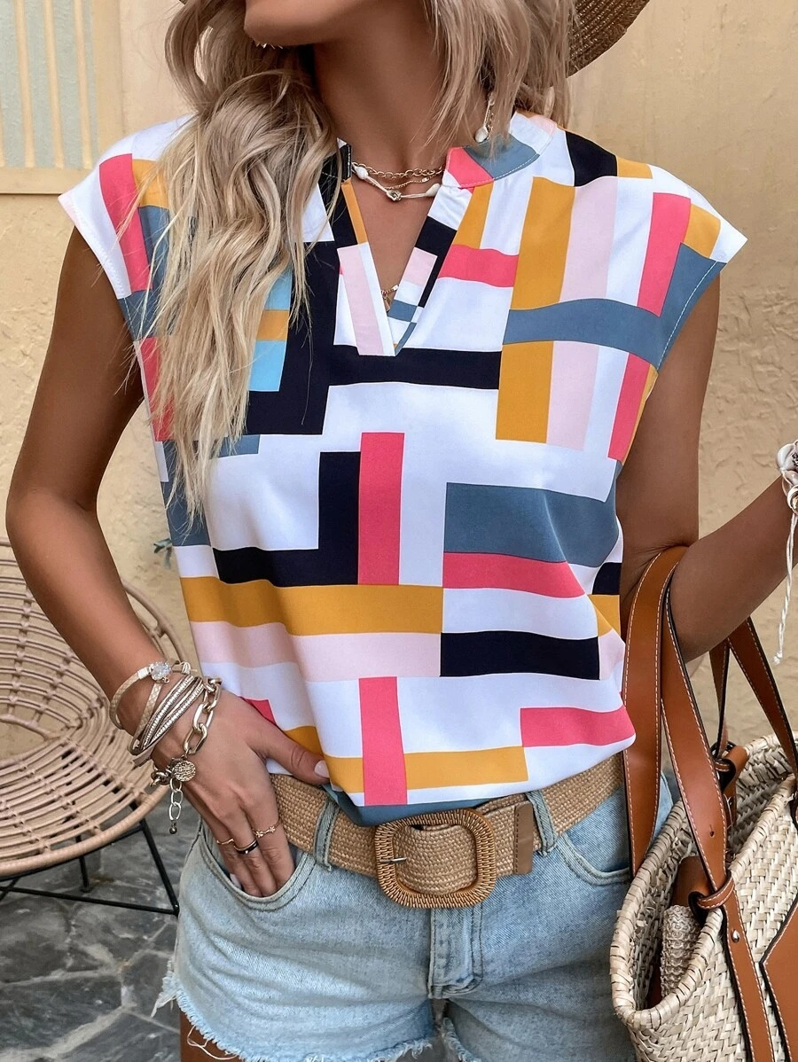 Geometric V Neck Sleeveless Loose Casual Blouse