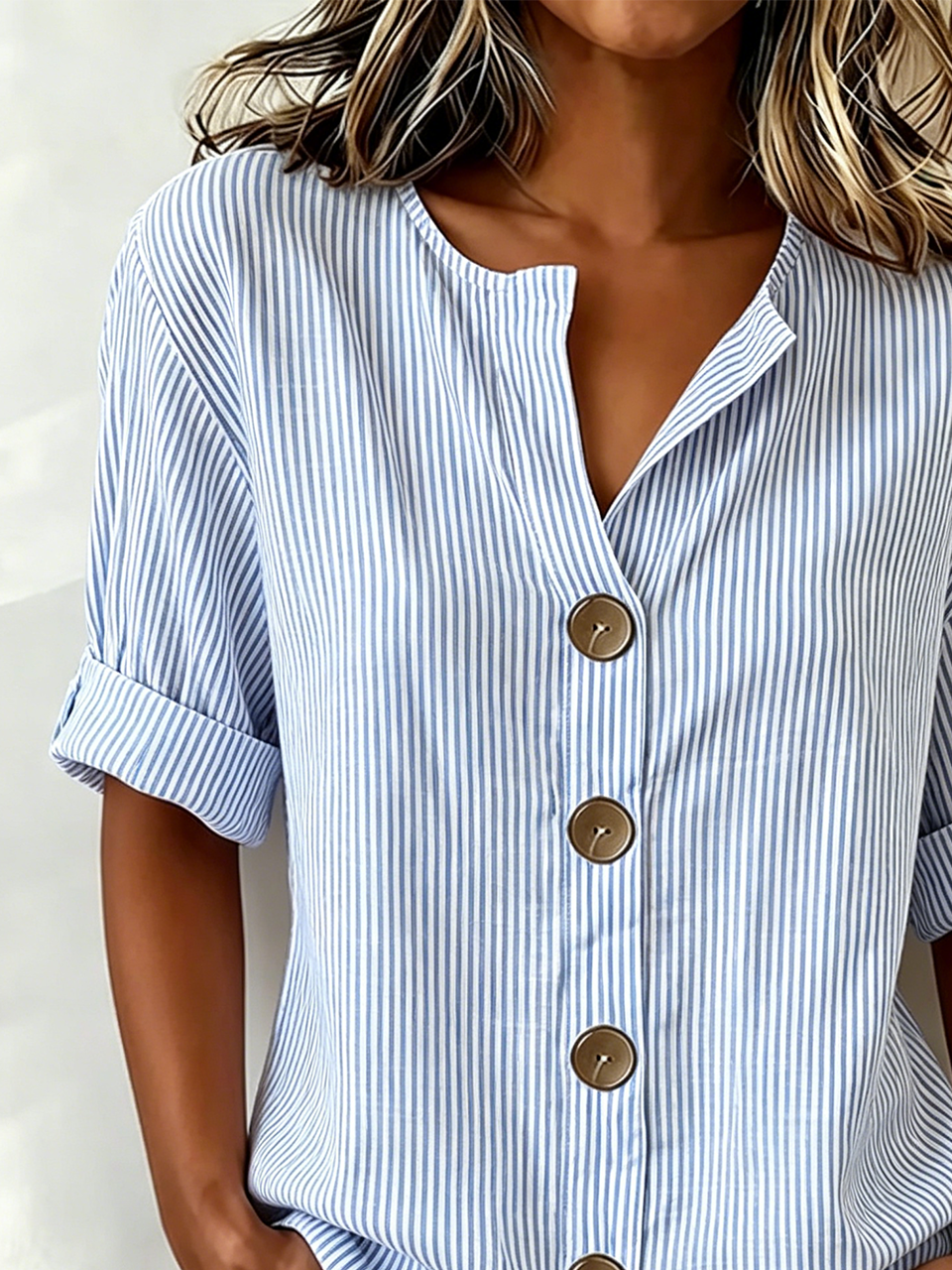 Linen Blend Striped V Neck Simple Shirt