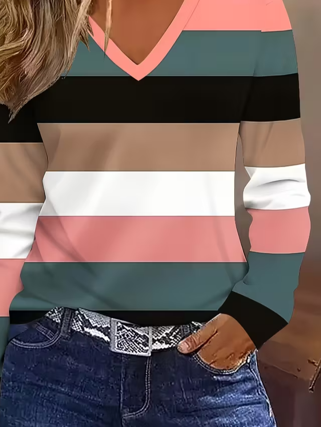 Women's Long Sleeve T-shirt Spring/Fall As Picture Striped Printing Jersey V Neck Daily Going Out Casual Top