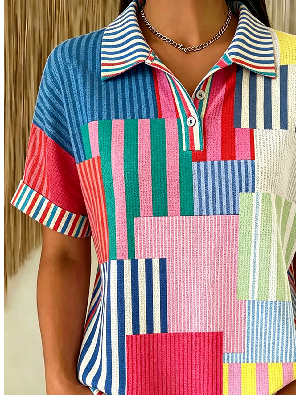 Polo Collar Loose Geometric Casual T-Shirt